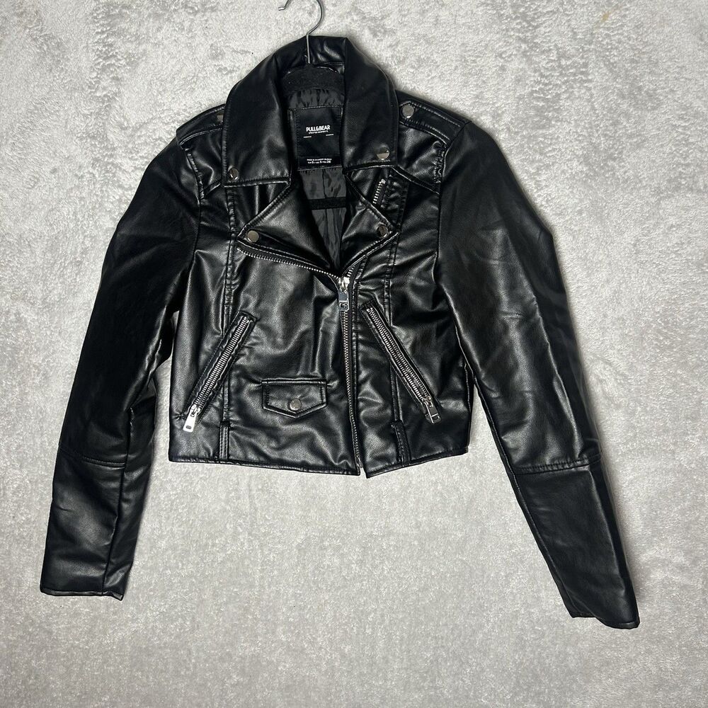 Pull And Bear Size Small Black Polyester Jacket In Great Condition Zipper Biker